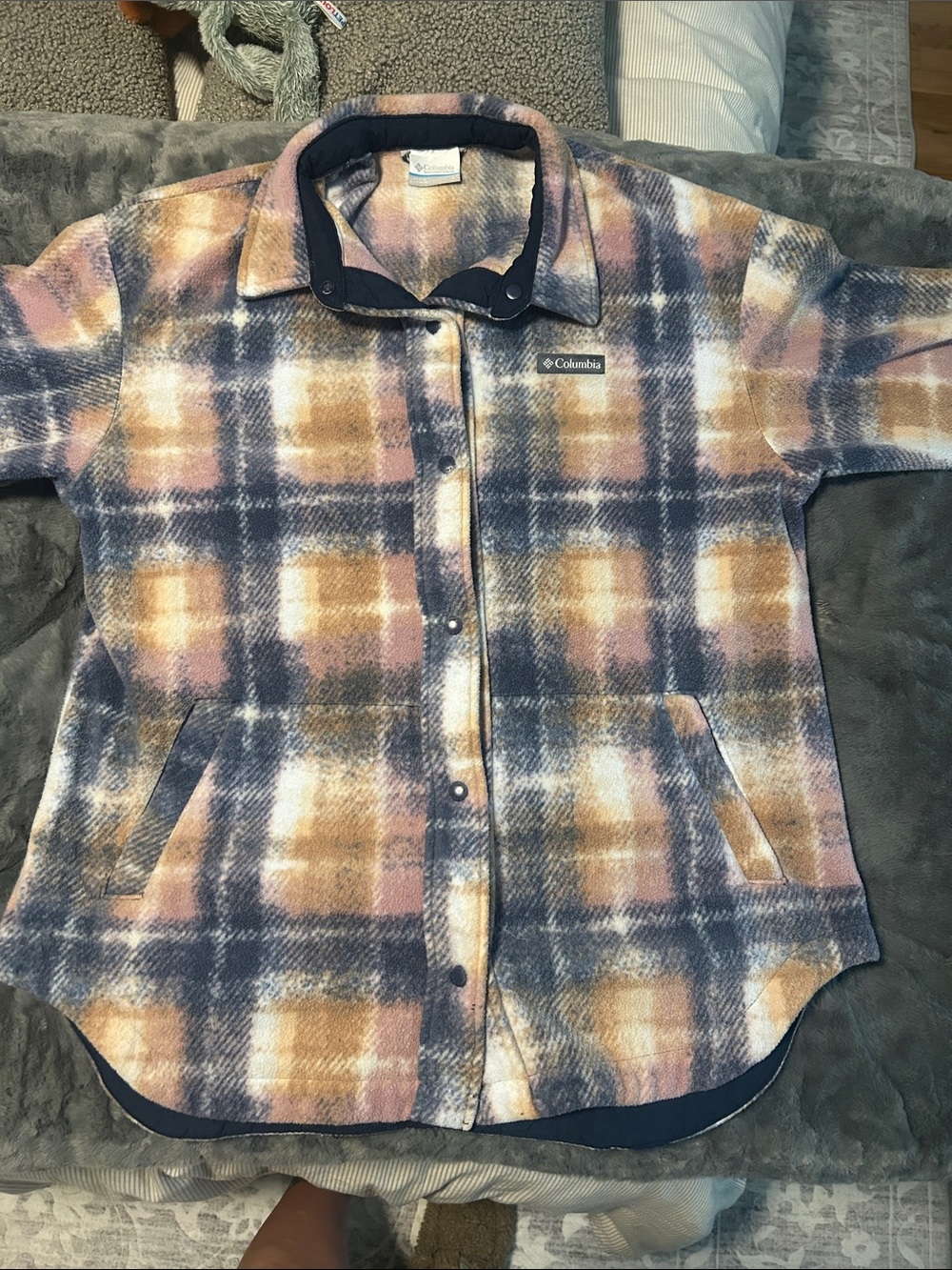 Columbia Women’s Plaid Button-Front Fleece Jacket - Blue, Pink, Cream